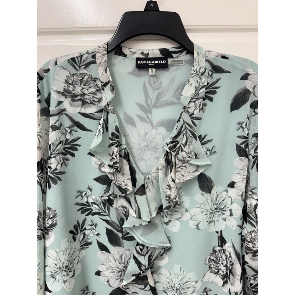 XL Karl Lagerfeld Paris Flowy Ruffled Blouse Top Floral Cottage Mint Green XL